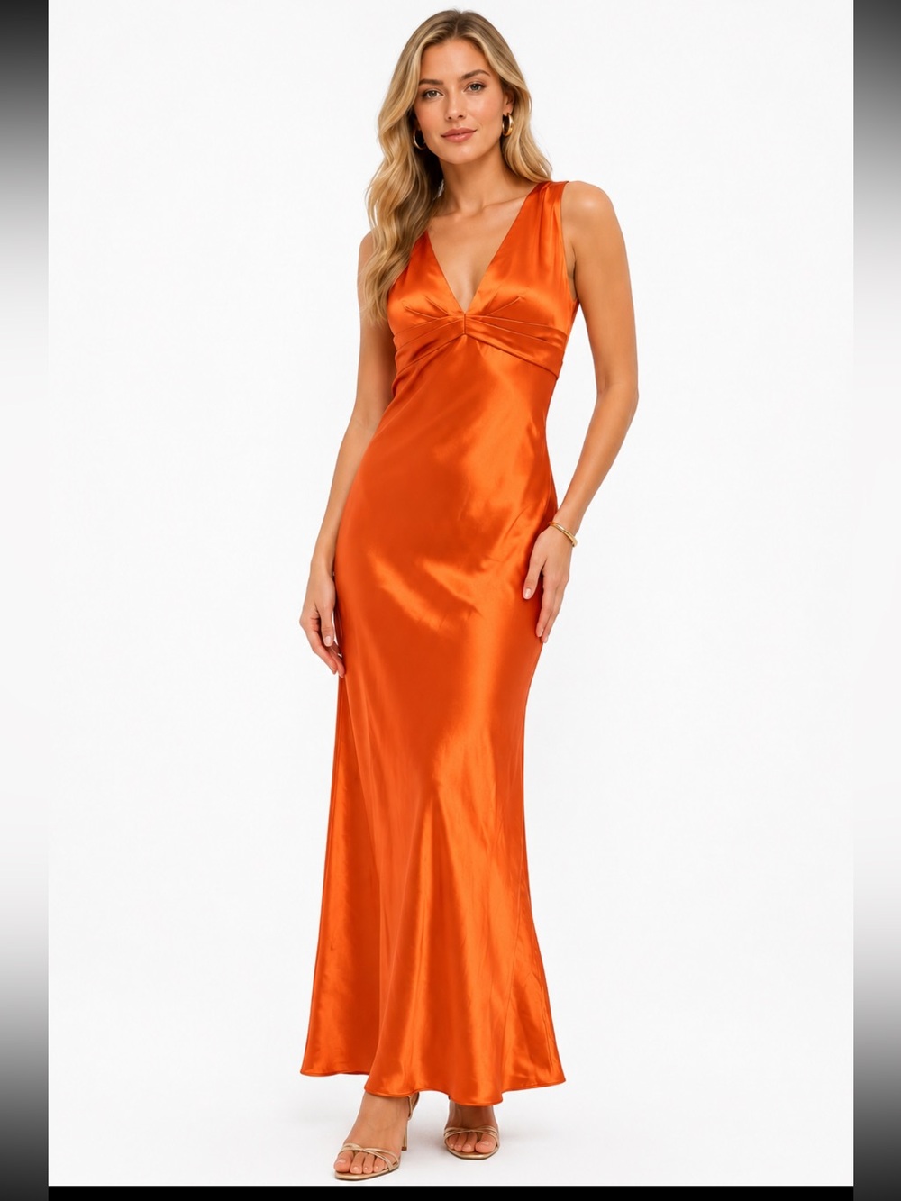 Orange Satin Maxi Dress V Neck Ruched Bust Sleeveless Formal Evening Gown - S/M